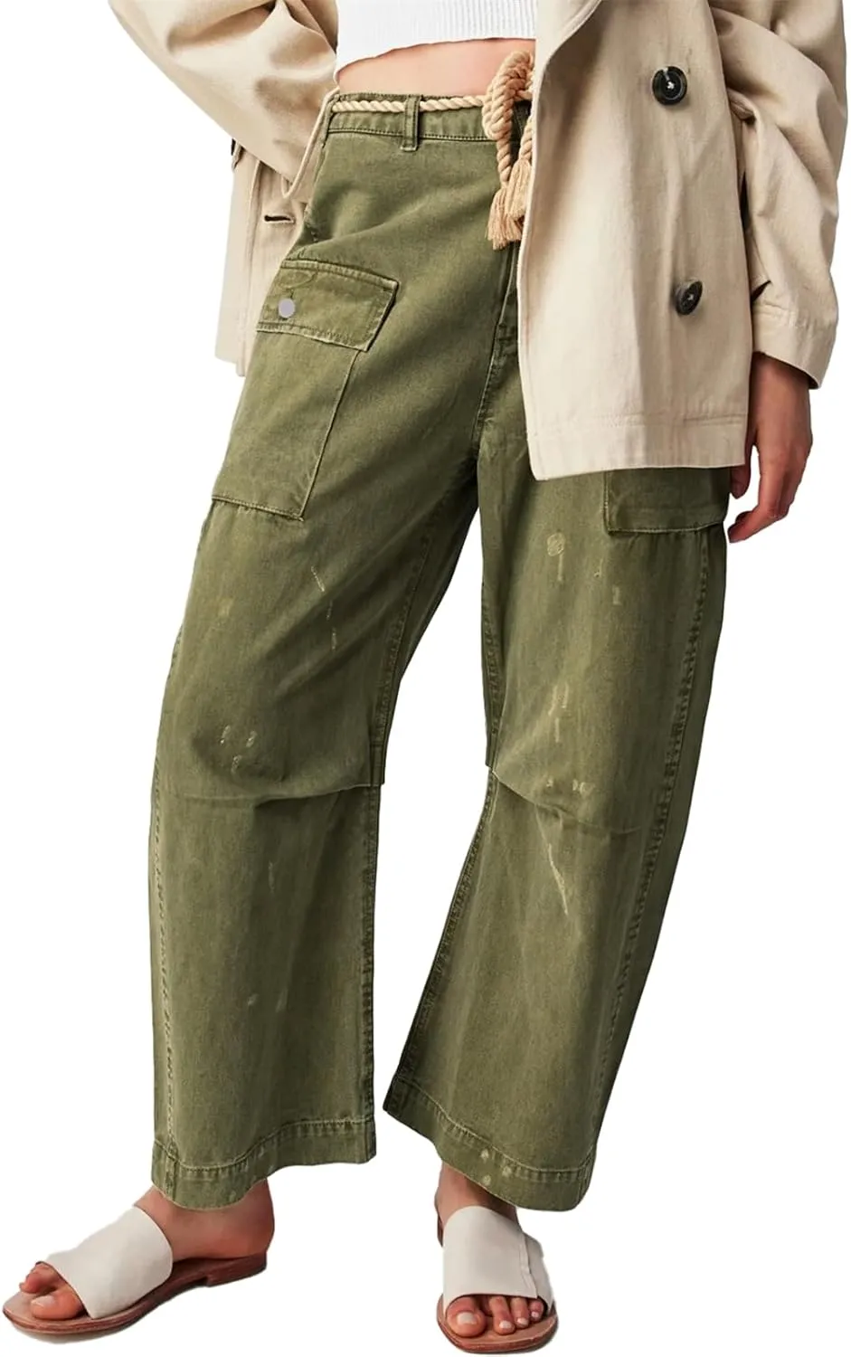 Distressed Baggy Jeans for Woman Leopard Mid Waist Wide Leg Denim Cargo Pants with Pockets Drawstring
