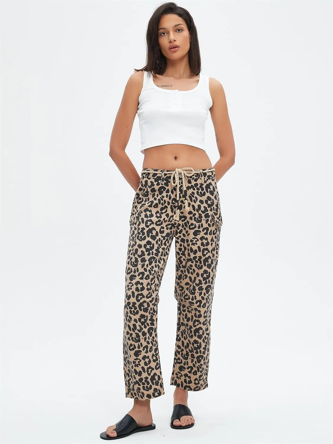 Distressed Baggy Jeans for Woman Leopard Mid Waist Wide Leg Denim Cargo Pants with Pockets Drawstring