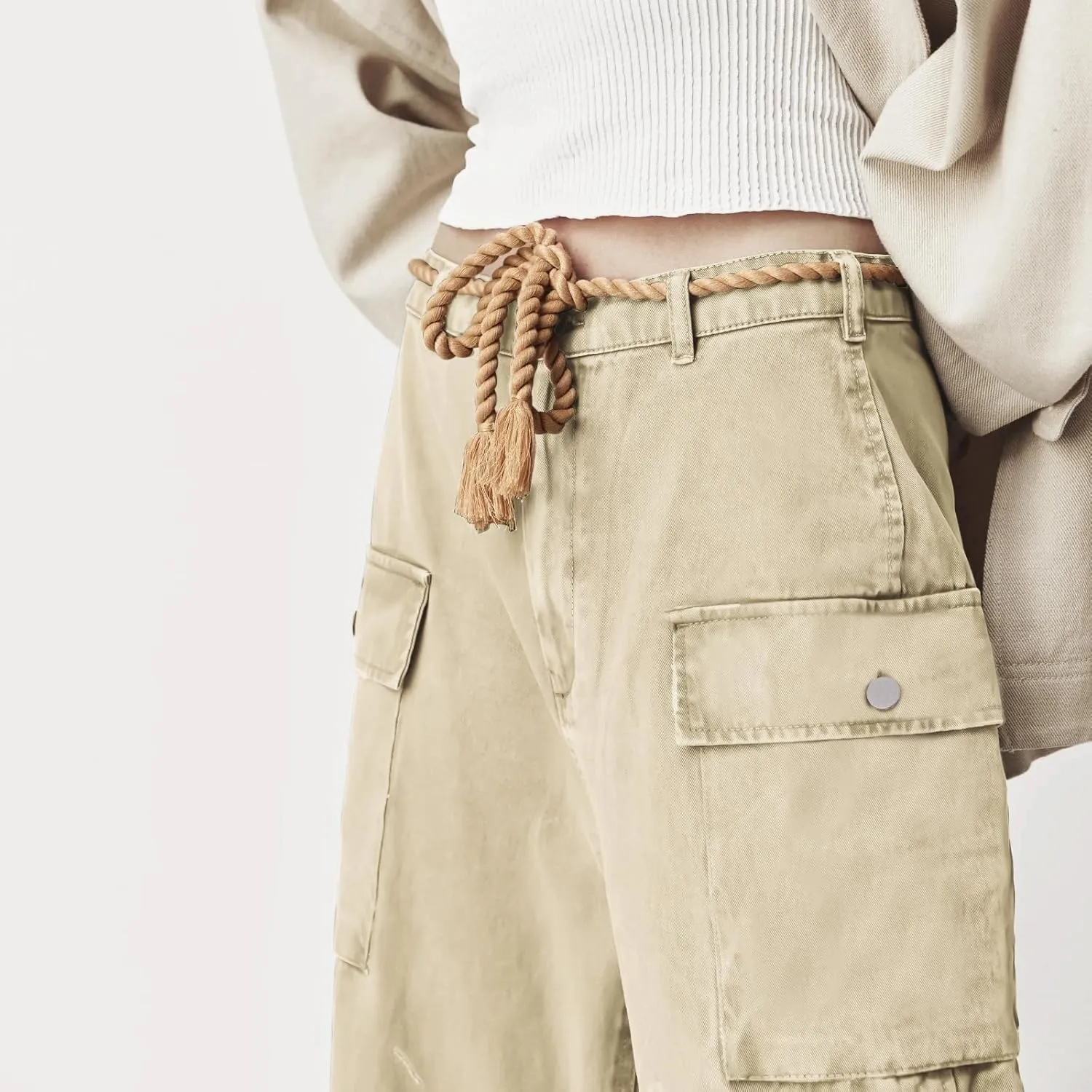 Distressed Baggy Jeans for Woman Leopard Mid Waist Wide Leg Denim Cargo Pants with Pockets Drawstring