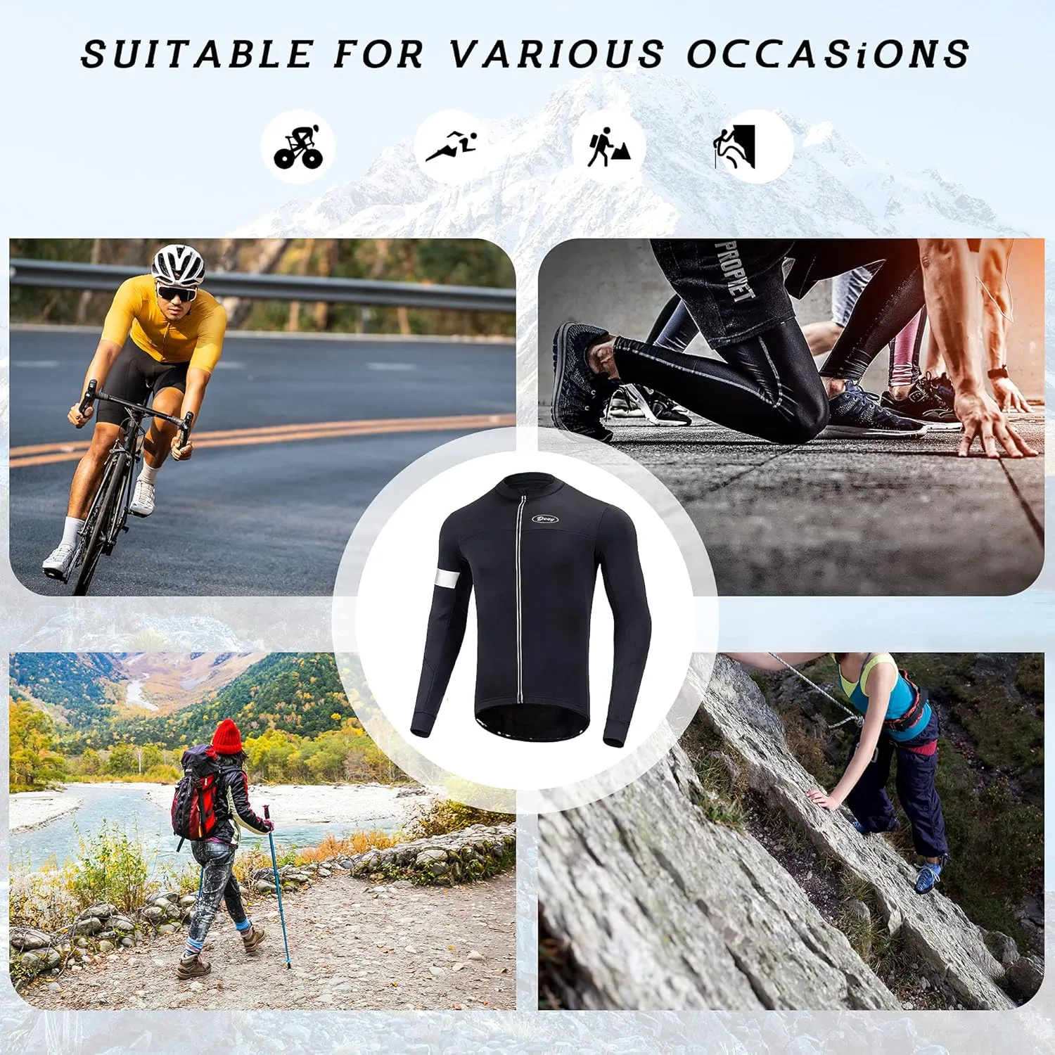 Dooy Men's Cycling Bike Jersey Thermal Biking Shirt Long Sleeve Bicycle Shirts with Full Zipper and Rear Pockets