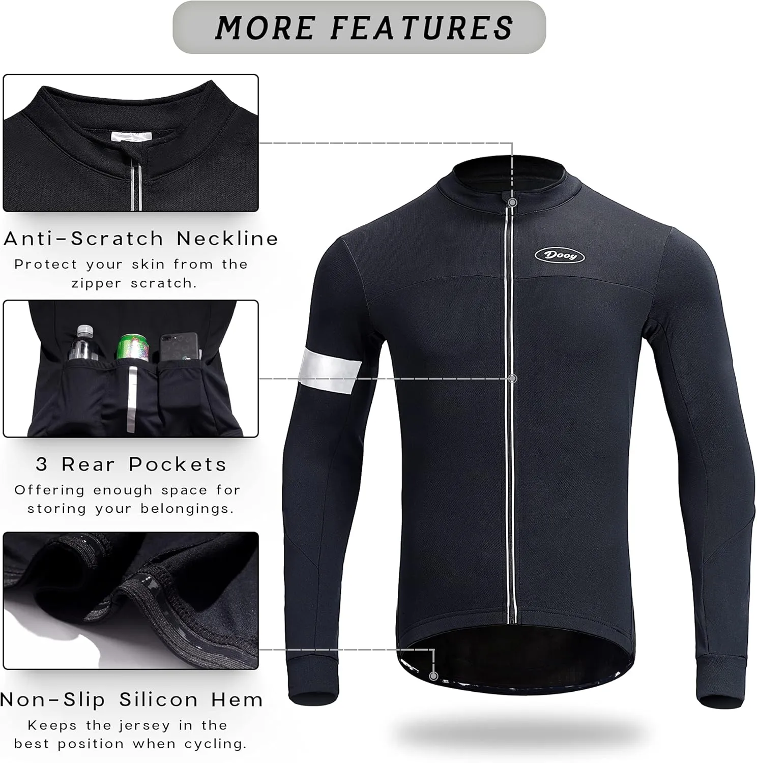 Dooy Men's Cycling Bike Jersey Thermal Biking Shirt Long Sleeve Bicycle Shirts with Full Zipper and Rear Pockets
