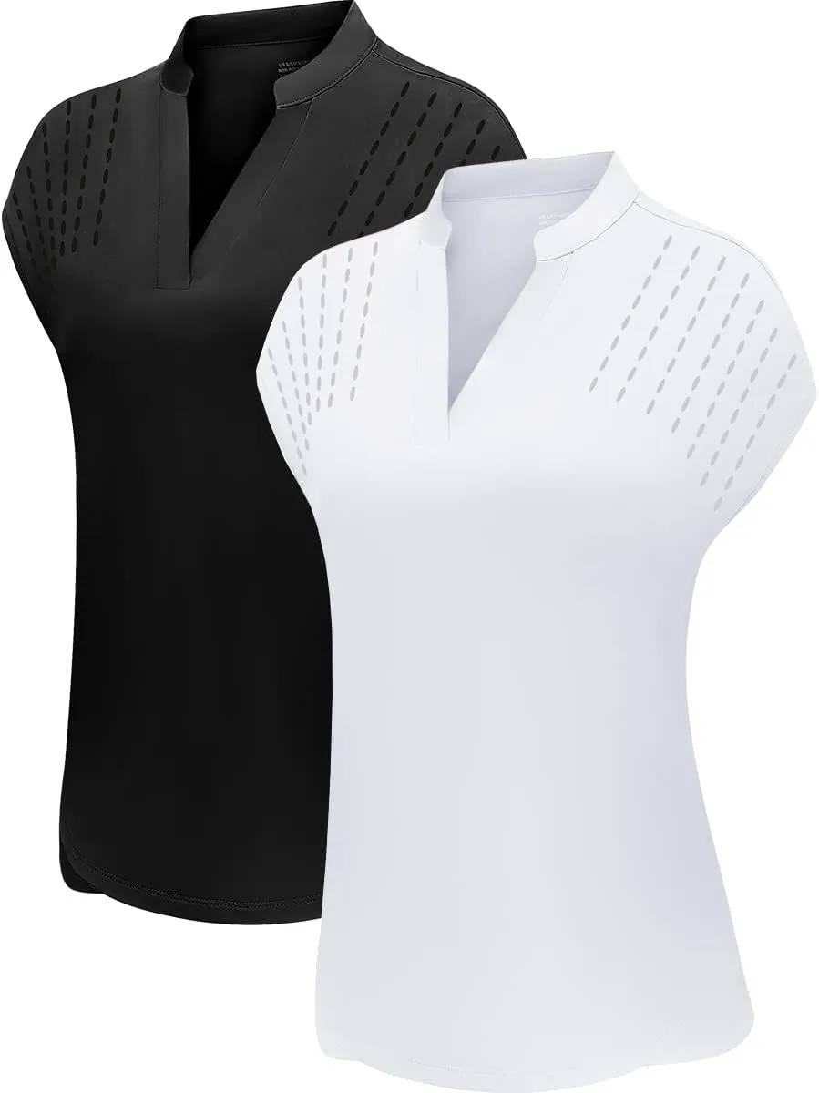DOTIN Womens 2 Pack Golf Polo Shirts Short Sleeve V Neck Collared Quick Dry Tennis Sports Shirts Workout Tops