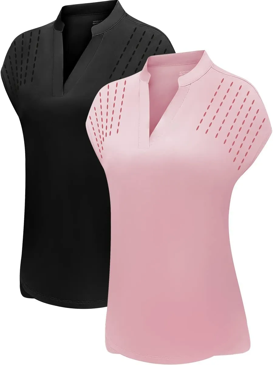 DOTIN Womens 2 Pack Golf Polo Shirts Short Sleeve V Neck Collared Quick Dry Tennis Sports Shirts Workout Tops