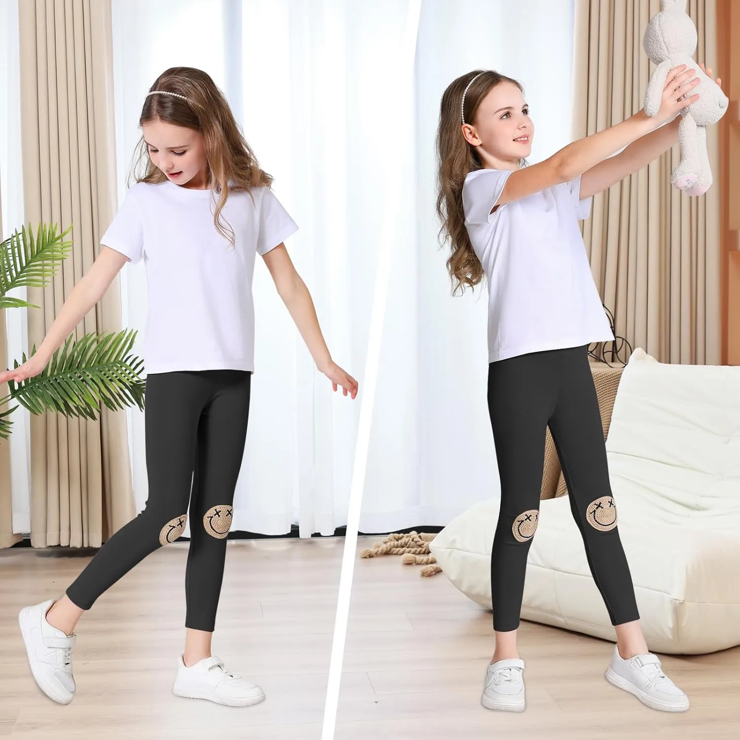 EASTBUDDY Girls Leggings with Smile Face Pattern Kids Pants Full Length Leggings for Girls Toddler 2 Pack 1-7 Years