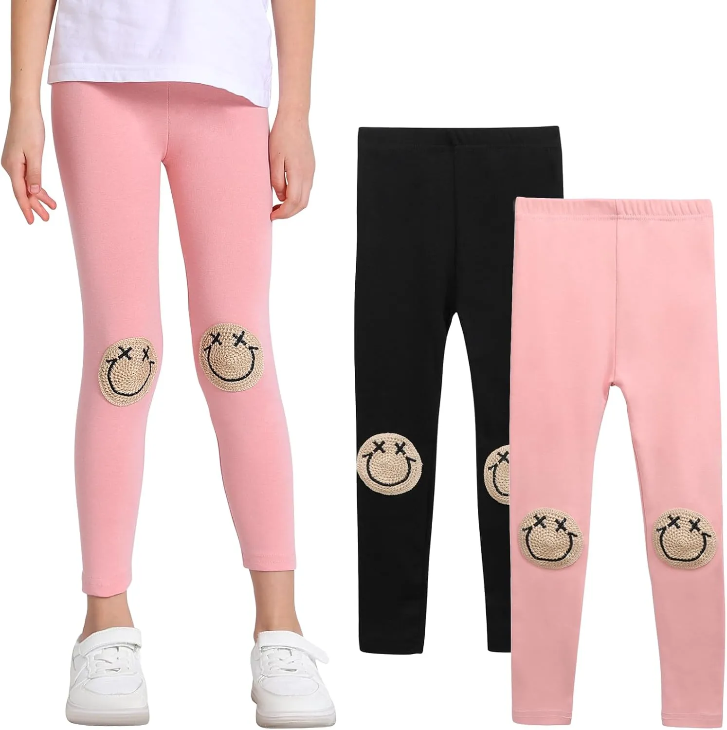 EASTBUDDY Girls Leggings with Smile Face Pattern Kids Pants Full Length Leggings for Girls Toddler 2 Pack 1-7 Years