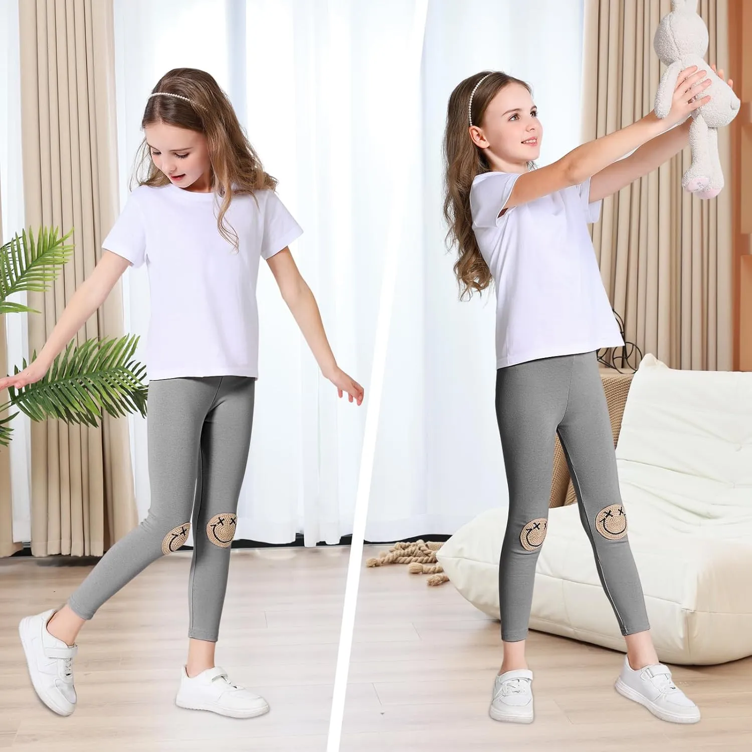 EASTBUDDY Girls Leggings with Smile Face Pattern Kids Pants Full Length Leggings for Girls Toddler 2 Pack 1-7 Years