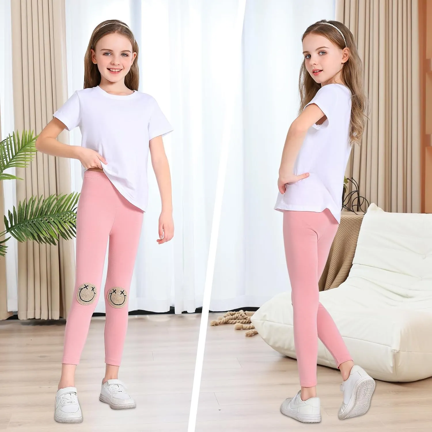 EASTBUDDY Girls Leggings with Smile Face Pattern Kids Pants Full Length Leggings for Girls Toddler 2 Pack 1-7 Years