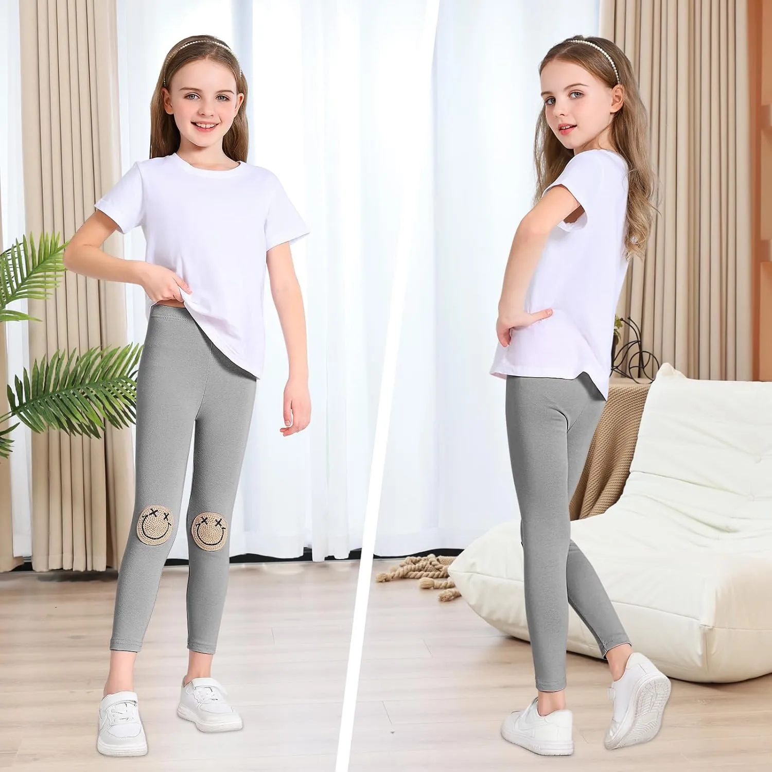 EASTBUDDY Girls Leggings with Smile Face Pattern Kids Pants Full Length Leggings for Girls Toddler 2 Pack 1-7 Years