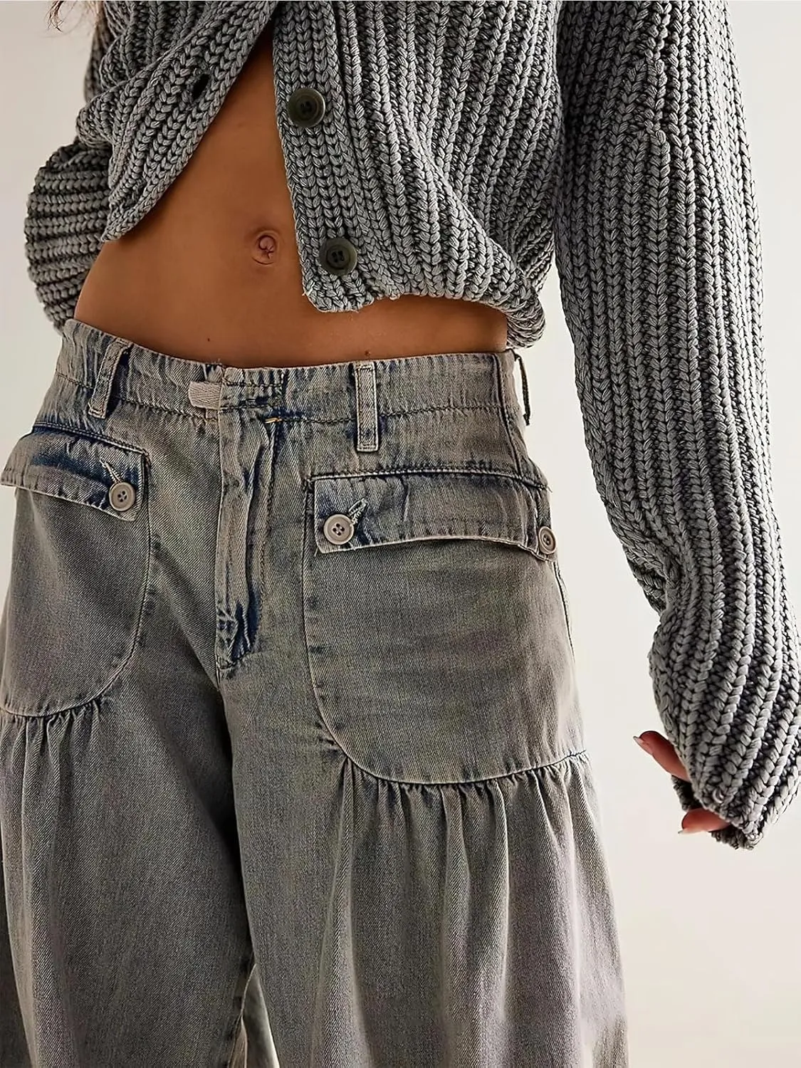 ebossy Women's Baggy Barrel Jeans High Waist Lotus Adjustable Drawstring Bow Tie Wide Leg Denim Pants