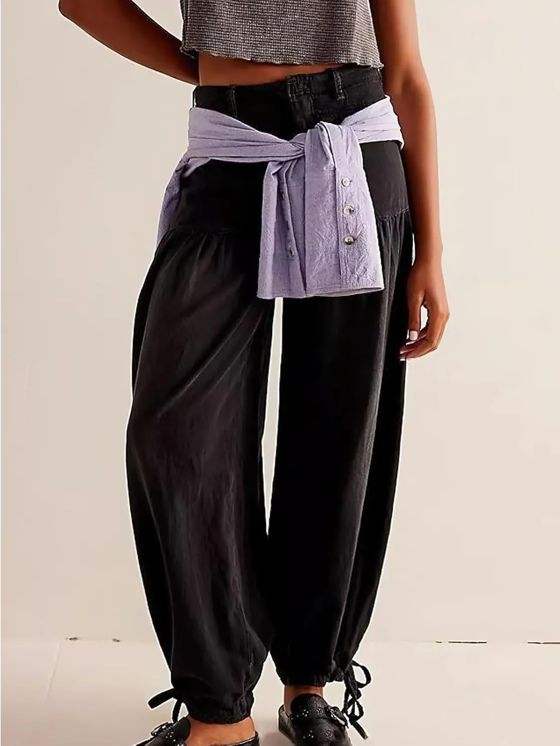 ebossy Women's Baggy Barrel Jeans High Waist Lotus Adjustable Drawstring Bow Tie Wide Leg Denim Pants