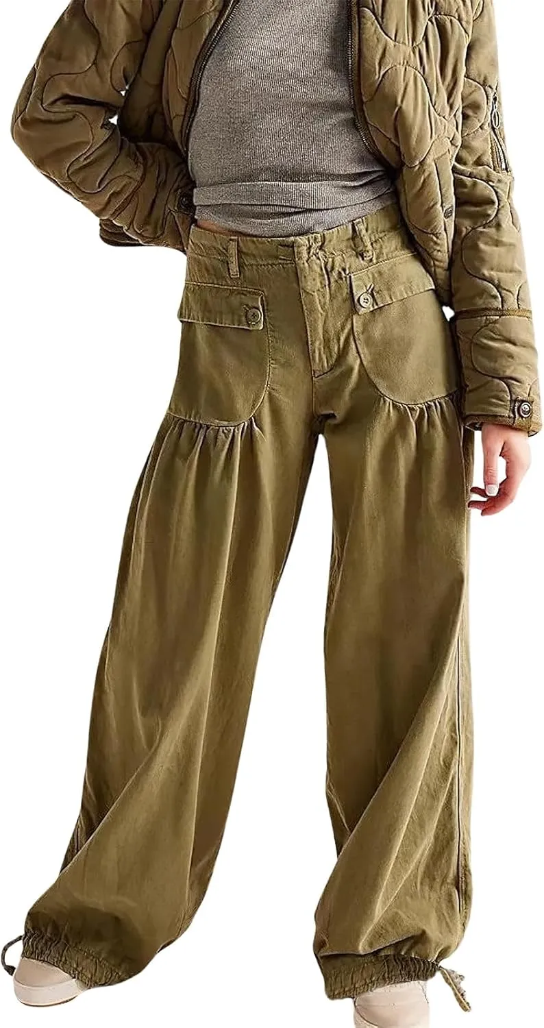 ebossy Women's Baggy Barrel Jeans High Waist Lotus Adjustable Drawstring Bow Tie Wide Leg Denim Pants