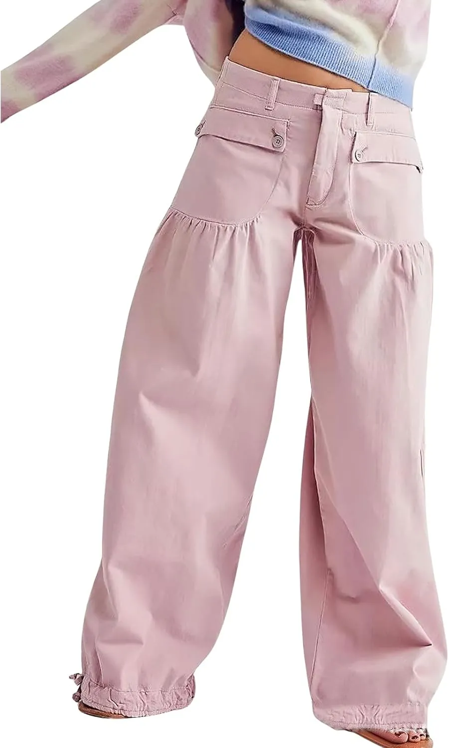 ebossy Women's Baggy Barrel Jeans High Waist Lotus Adjustable Drawstring Bow Tie Wide Leg Denim Pants