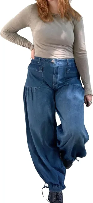 ebossy Women's Baggy Barrel Jeans High Waist Lotus Adjustable Drawstring Bow Tie Wide Leg Denim Pants