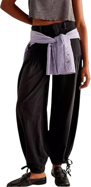 ebossy Women's Baggy Barrel Jeans High Waist Lotus Adjustable Drawstring Bow Tie Wide Leg Denim Pants