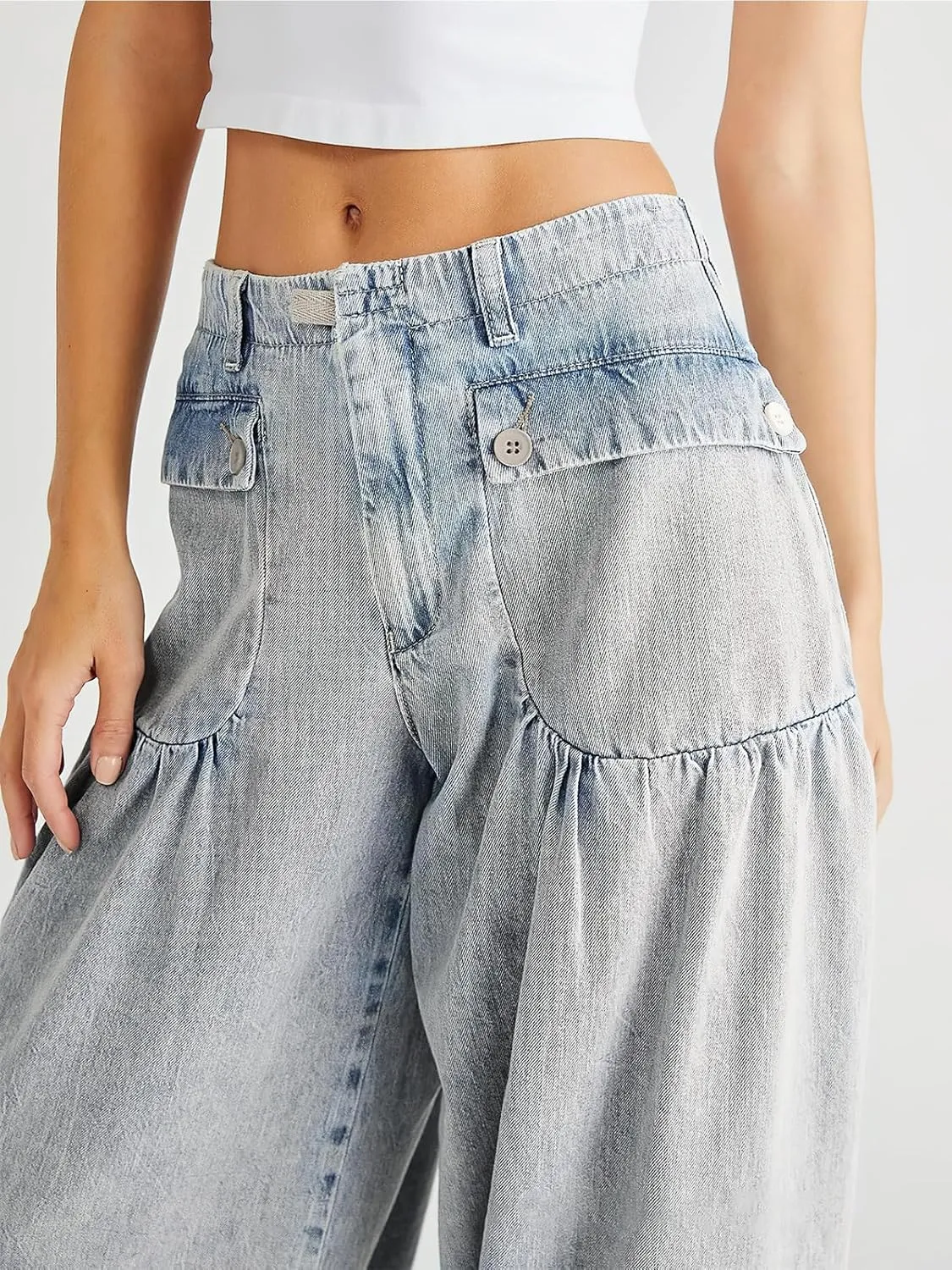 ebossy Women's Baggy Barrel Jeans High Waist Lotus Adjustable Drawstring Bow Tie Wide Leg Denim Pants