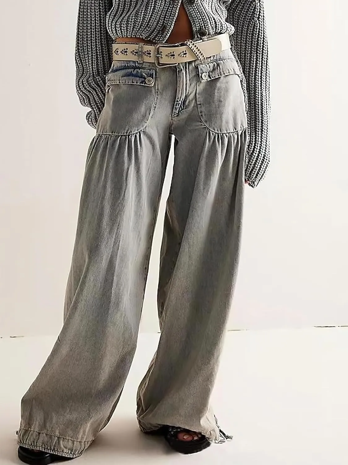 ebossy Women's Baggy Barrel Jeans High Waist Lotus Adjustable Drawstring Bow Tie Wide Leg Denim Pants