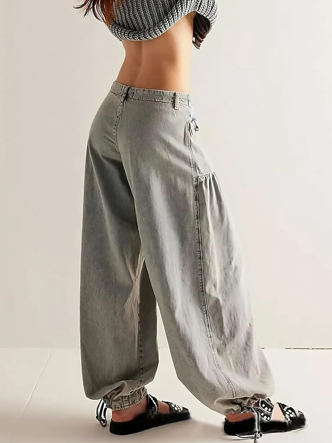 ebossy Women's Baggy Barrel Jeans High Waist Lotus Adjustable Drawstring Bow Tie Wide Leg Denim Pants