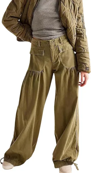 ebossy Women's Baggy Barrel Jeans High Waist Lotus Adjustable Drawstring Bow Tie Wide Leg Denim Pants