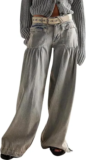 ebossy Women's Baggy Barrel Jeans High Waist Lotus Adjustable Drawstring Bow Tie Wide Leg Denim Pants