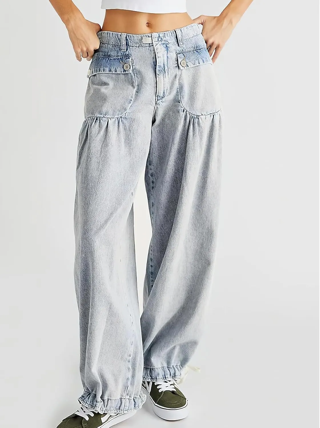 ebossy Women's Baggy Barrel Jeans High Waist Lotus Adjustable Drawstring Bow Tie Wide Leg Denim Pants