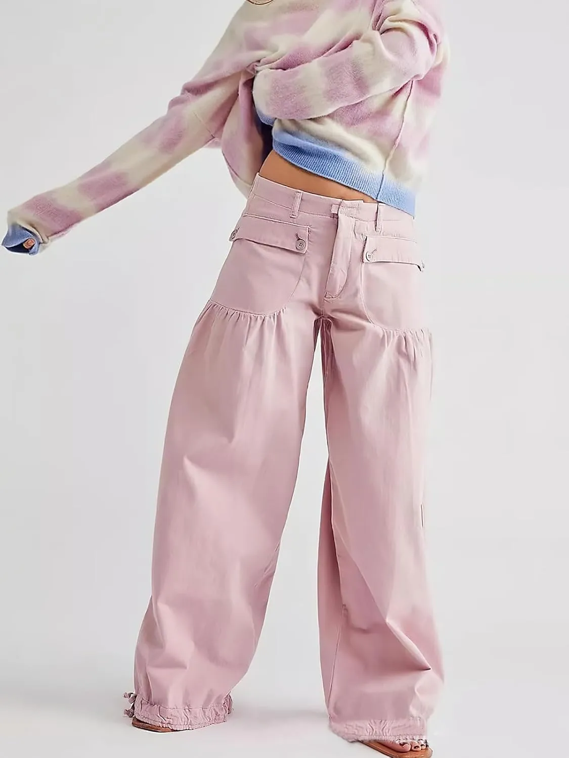 ebossy Women's Baggy Barrel Jeans High Waist Lotus Adjustable Drawstring Bow Tie Wide Leg Denim Pants