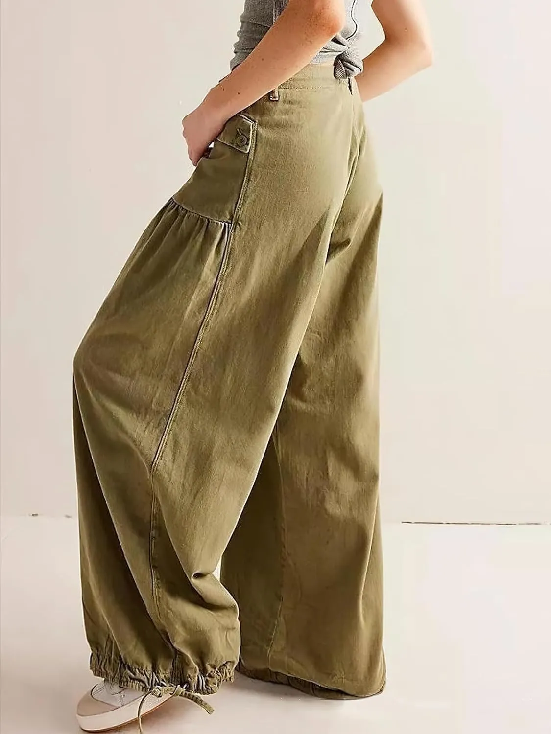 ebossy Women's Baggy Barrel Jeans High Waist Lotus Adjustable Drawstring Bow Tie Wide Leg Denim Pants
