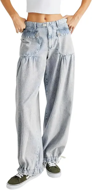 ebossy Women's Baggy Barrel Jeans High Waist Lotus Adjustable Drawstring Bow Tie Wide Leg Denim Pants