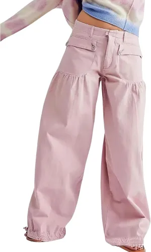 ebossy Women's Baggy Barrel Jeans High Waist Lotus Adjustable Drawstring Bow Tie Wide Leg Denim Pants
