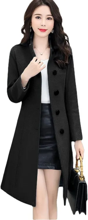 ebossy Women's Single Breasted Trench Jacket Coats Slim Fit Mid Long Wool Blend Windproof Overcoat with Belt