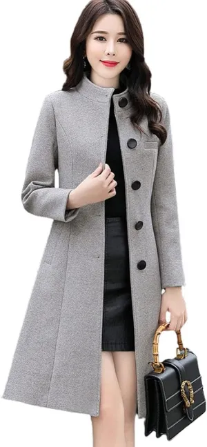 ebossy Women's Single Breasted Trench Jacket Coats Slim Fit Mid Long Wool Blend Windproof Overcoat with Belt