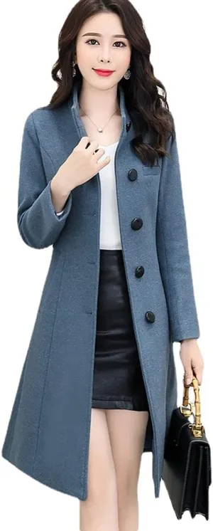 ebossy Women's Single Breasted Trench Jacket Coats Slim Fit Mid Long Wool Blend Windproof Overcoat with Belt
