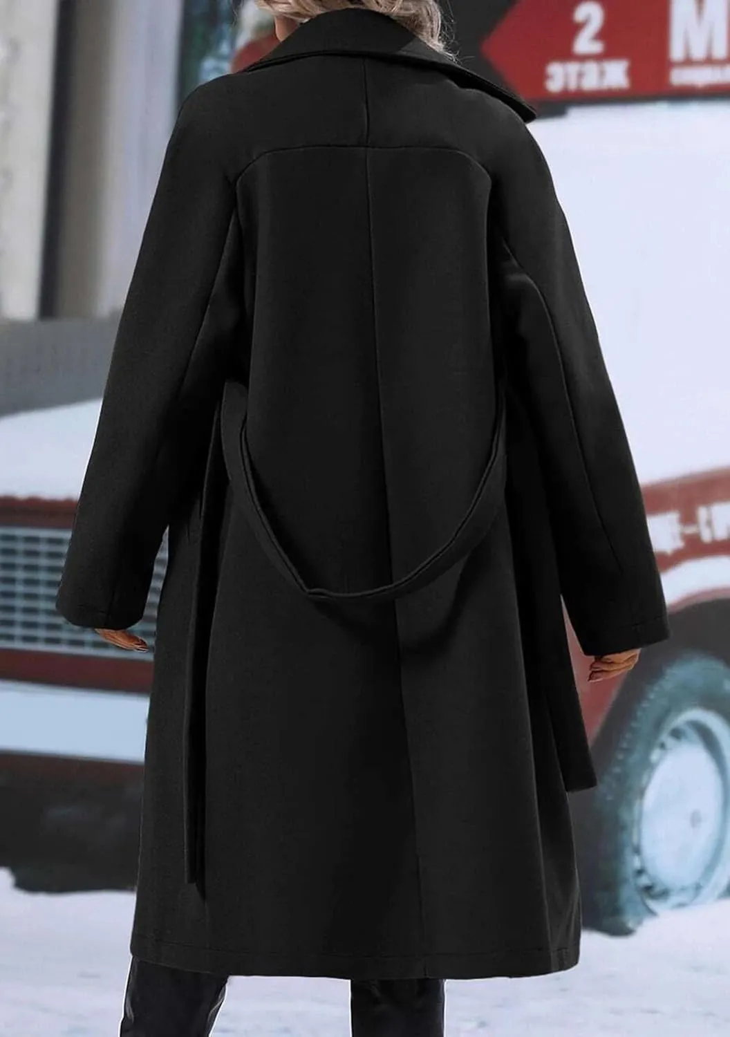 EFOFEI Women Warm Solid Color Wool Blend Jackets Double Breasted Pocket Pea Coat Mid Long Notch Lapel Coats With Belted