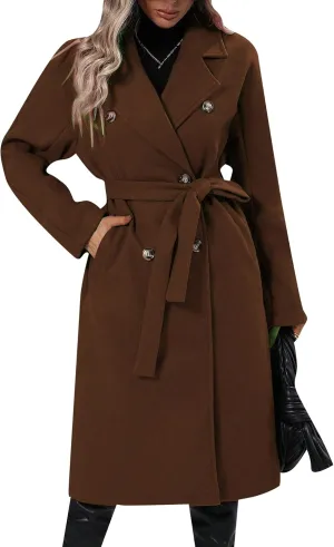 EFOFEI Women Warm Solid Color Wool Blend Jackets Double Breasted Pocket Pea Coat Mid Long Notch Lapel Coats With Belted