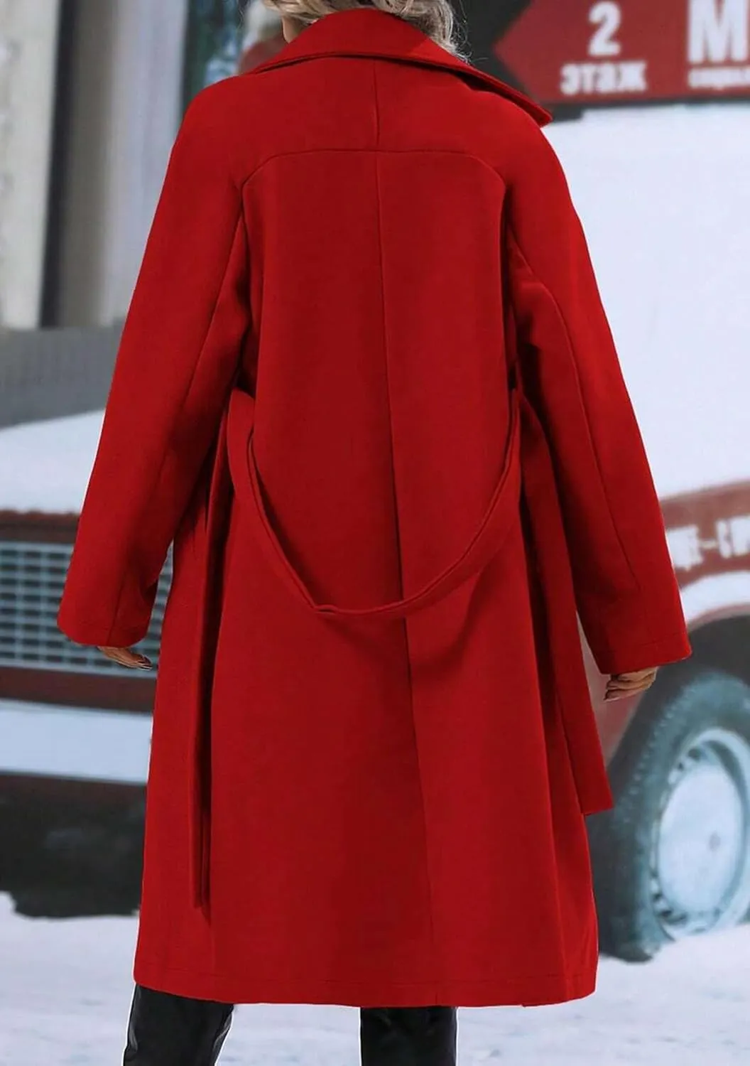 EFOFEI Women Warm Solid Color Wool Blend Jackets Double Breasted Pocket Pea Coat Mid Long Notch Lapel Coats With Belted