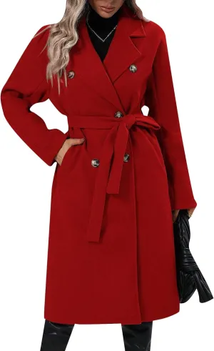 EFOFEI Women Warm Solid Color Wool Blend Jackets Double Breasted Pocket Pea Coat Mid Long Notch Lapel Coats With Belted