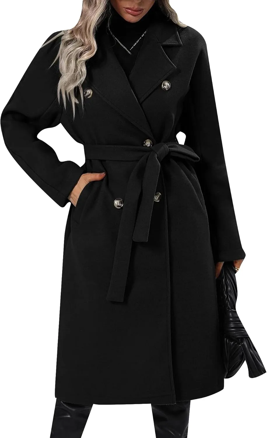 EFOFEI Women Warm Solid Color Wool Blend Jackets Double Breasted Pocket Pea Coat Mid Long Notch Lapel Coats With Belted