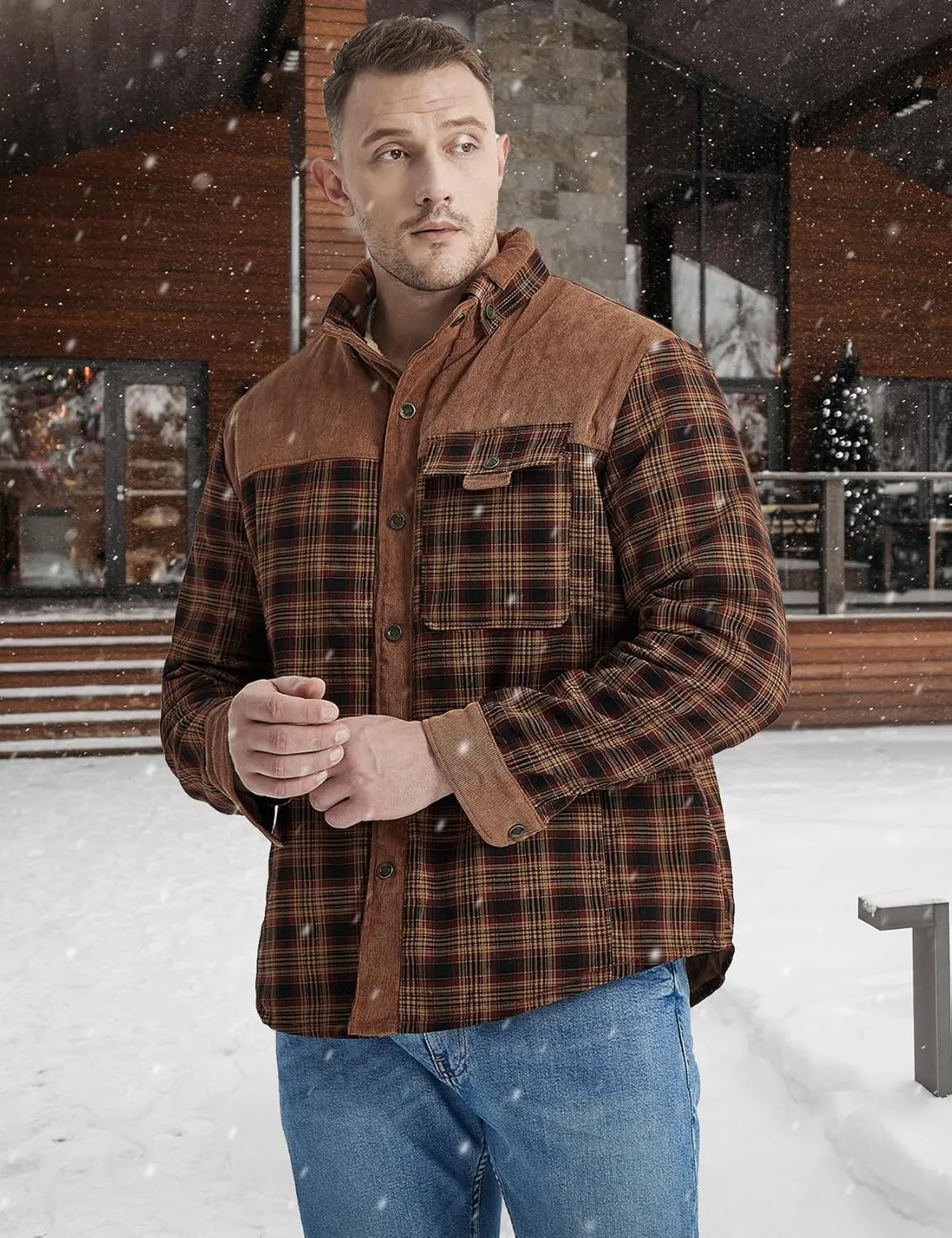 Eisctnd Men's Sherpa Lined Flannel Jacket Outdoor Long Sleeve Plaid Fleece Shirt Warm Casual Button Down Coat