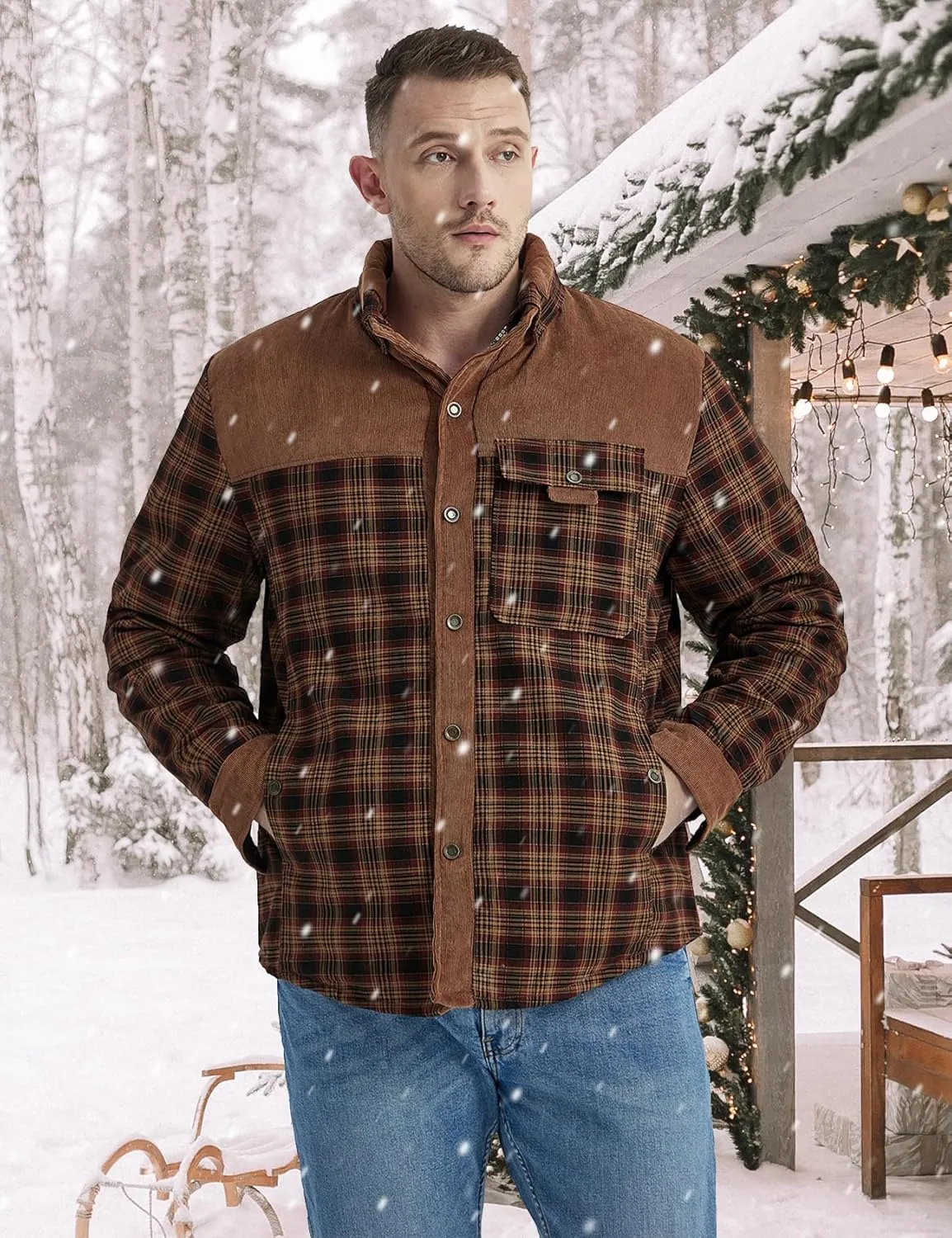 Eisctnd Men's Sherpa Lined Flannel Jacket Outdoor Long Sleeve Plaid Fleece Shirt Warm Casual Button Down Coat