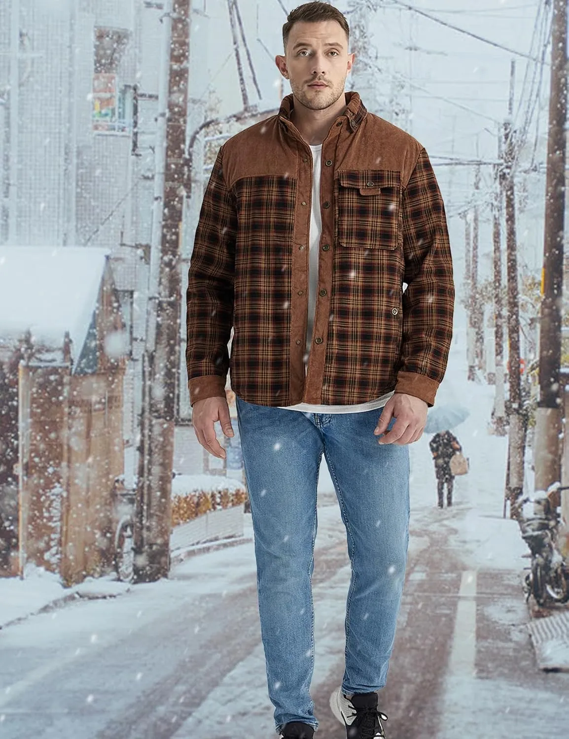 Eisctnd Men's Sherpa Lined Flannel Jacket Outdoor Long Sleeve Plaid Fleece Shirt Warm Casual Button Down Coat
