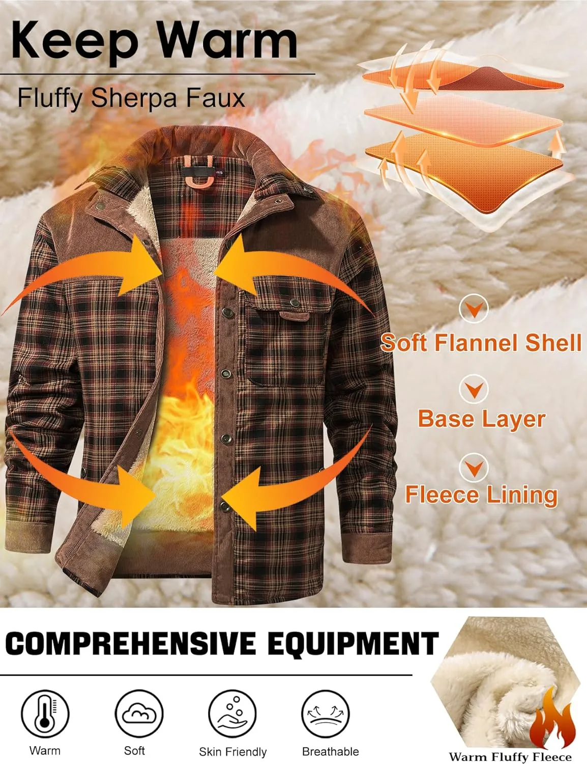 Eisctnd Men's Sherpa Lined Flannel Jacket Outdoor Long Sleeve Plaid Fleece Shirt Warm Casual Button Down Coat