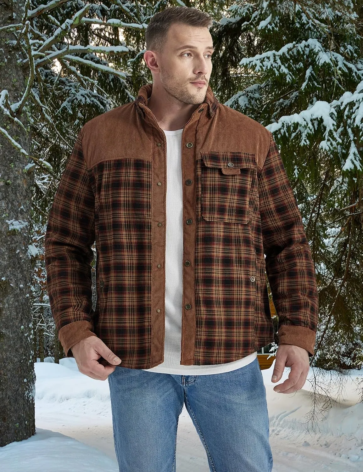 Eisctnd Men's Sherpa Lined Flannel Jacket Outdoor Long Sleeve Plaid Fleece Shirt Warm Casual Button Down Coat