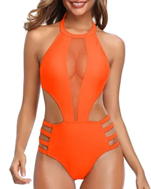 Elegant Halter Cutout Monokini Swimwear For Women-Neon Orange