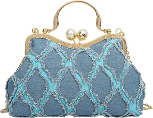 Elegant Quilted Denim Clutch Bag for Women - Sparkly Rhinestone Evening Purse for Bridal and Wedding Events(Blue)