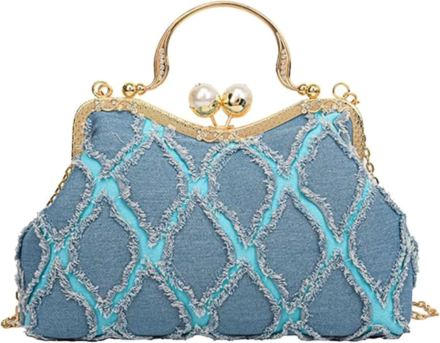 Elegant Quilted Denim Clutch Bag for Women - Sparkly Rhinestone Evening Purse for Bridal and Wedding Events(Blue)