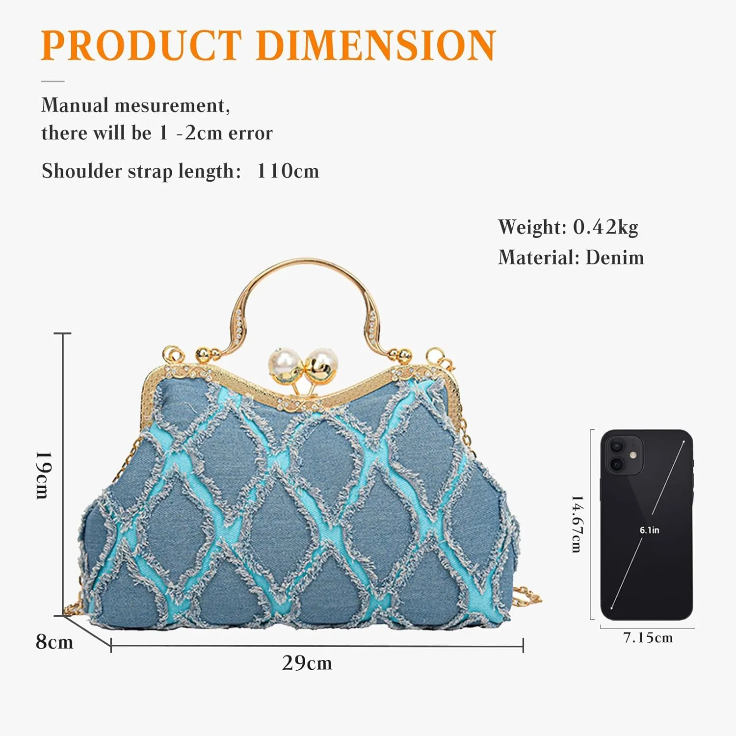 Elegant Quilted Denim Clutch Bag for Women - Sparkly Rhinestone Evening Purse for Bridal and Wedding Events(Blue)