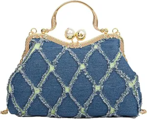 Elegant Quilted Denim Clutch Bag for Women - Sparkly Rhinestone Evening Purse for Bridal and Wedding Events(Dark Blue)