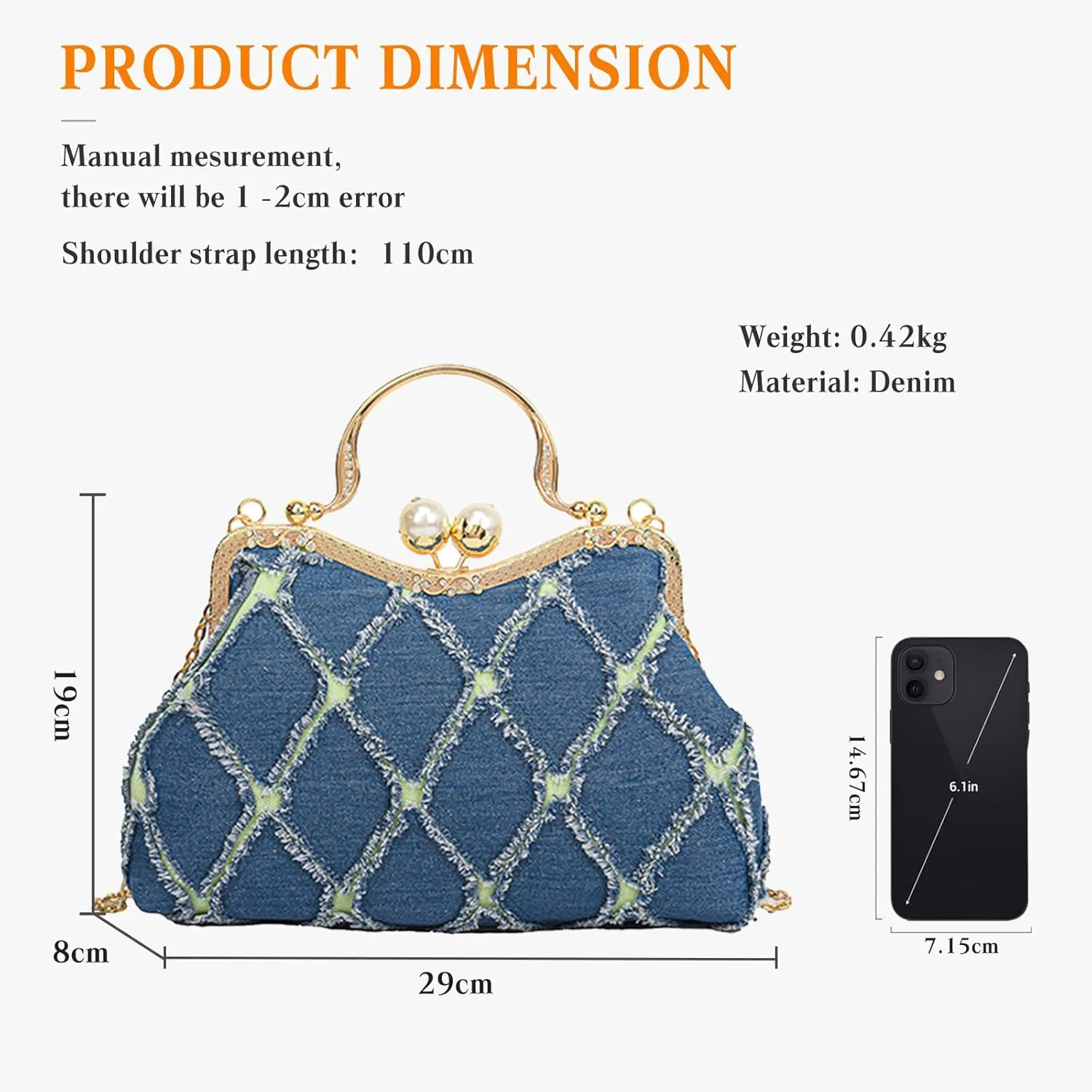 Elegant Quilted Denim Clutch Bag for Women - Sparkly Rhinestone Evening Purse for Bridal and Wedding Events(Dark Blue)