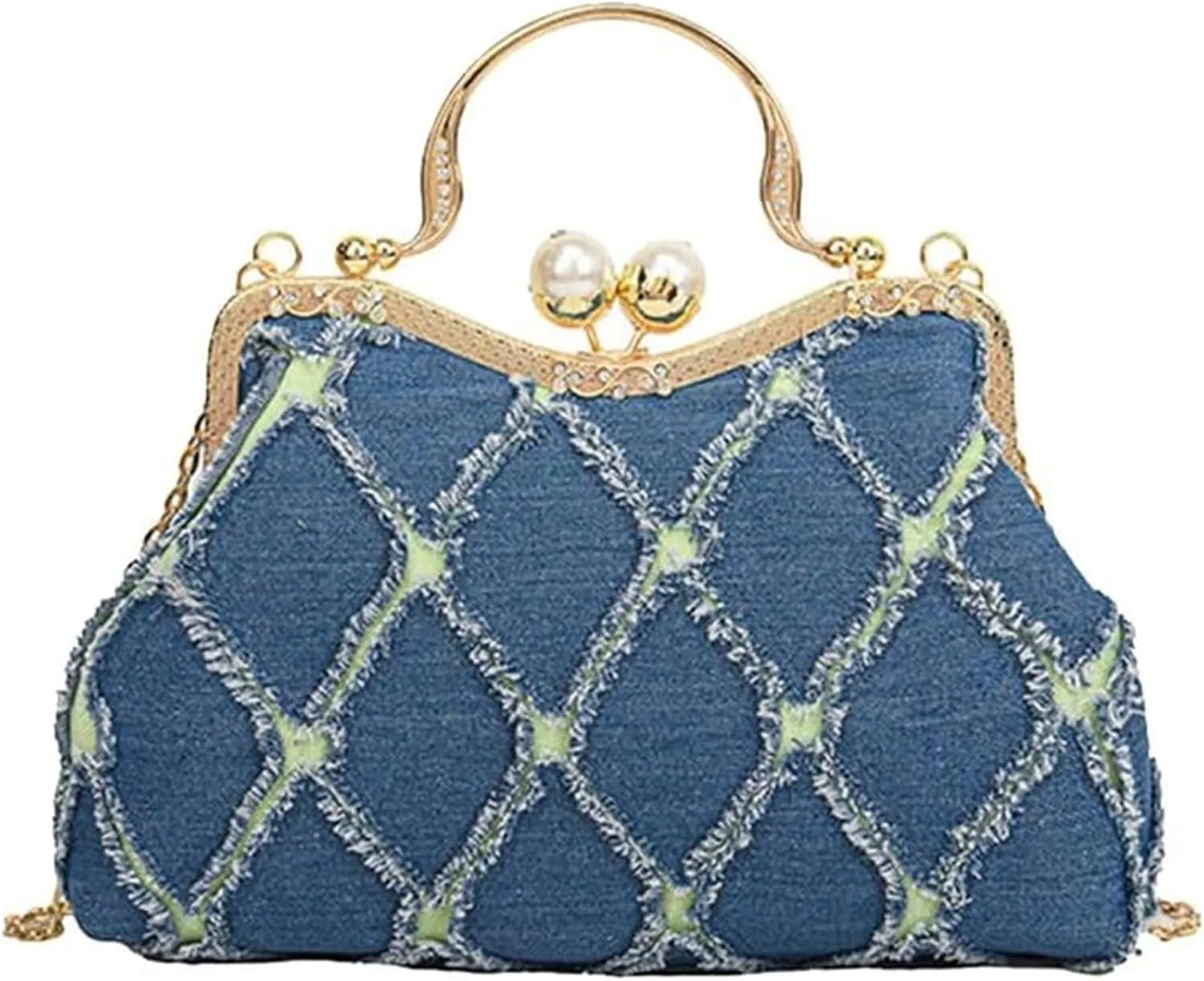 Elegant Quilted Denim Clutch Bag for Women - Sparkly Rhinestone Evening Purse for Bridal and Wedding Events(Dark Blue)