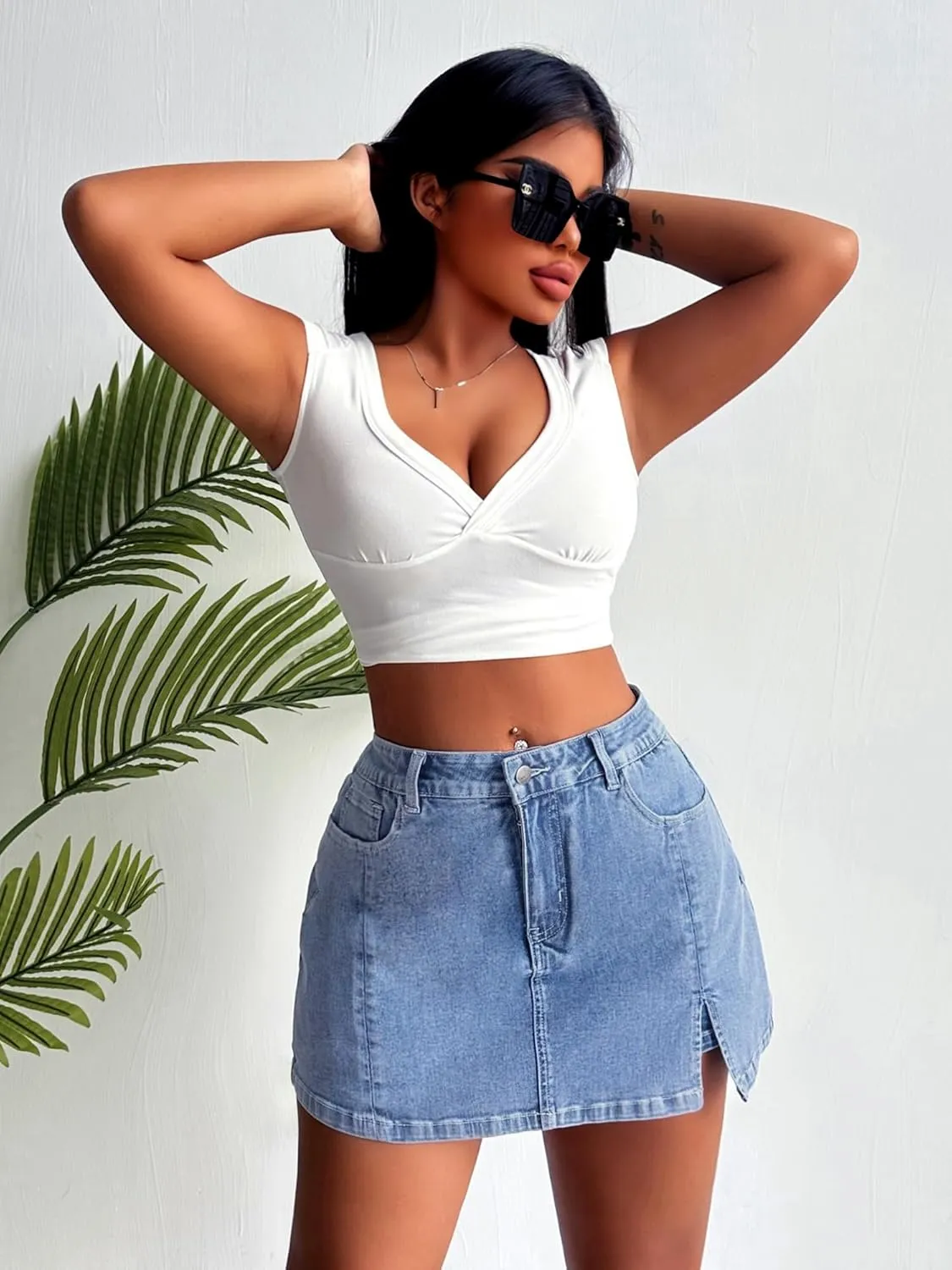 ELLEVEN Womens Side Slit Denim Skort, High-Stretch,High Waisted,Y2K Mini Jean Skirt Shorts with 5 Pockets