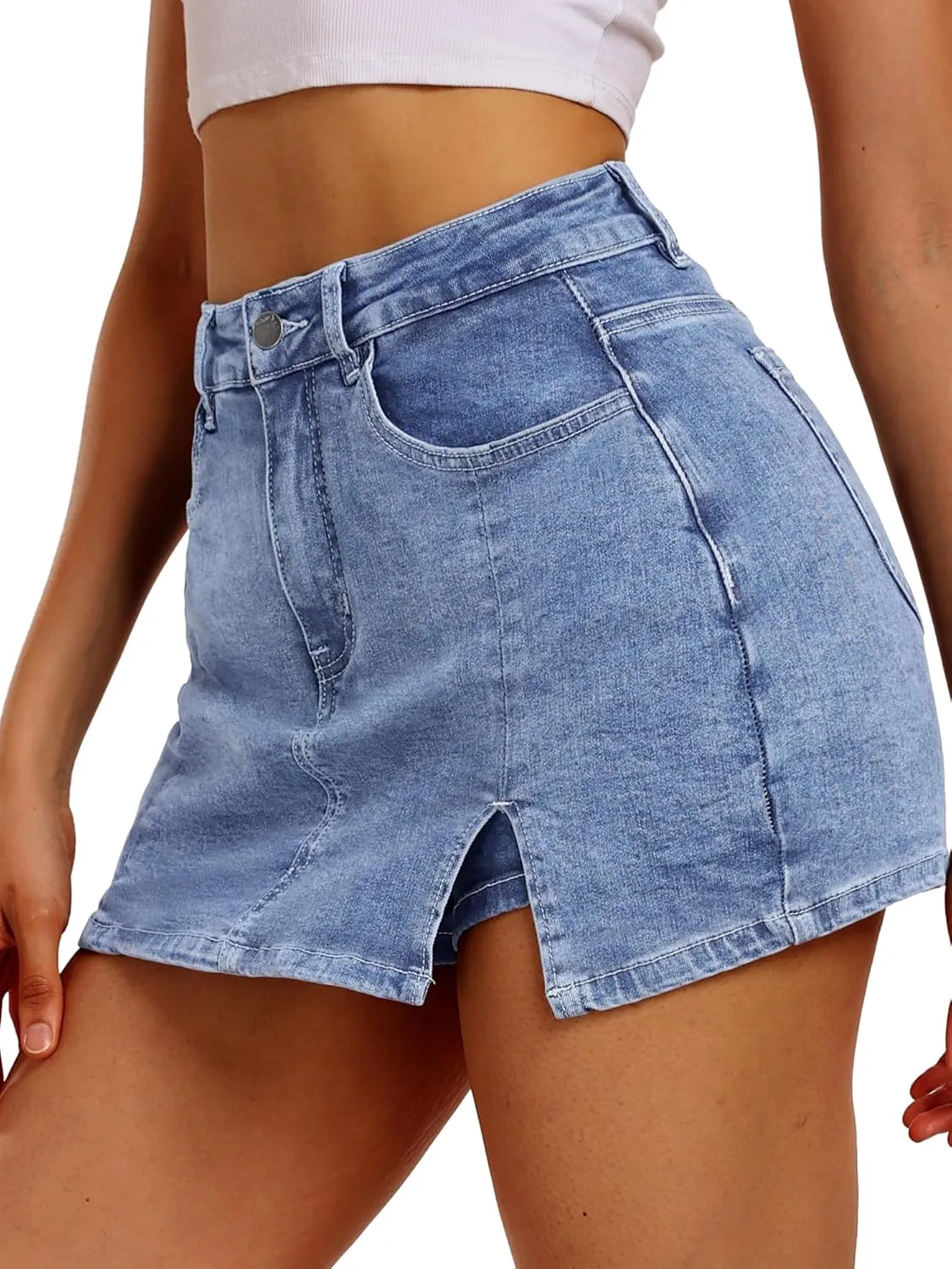 ELLEVEN Womens Side Slit Denim Skort, High-Stretch,High Waisted,Y2K Mini Jean Skirt Shorts with 5 Pockets